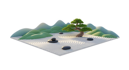Stylized isometric zen garden with bonsai tree, rocks and sand patterns