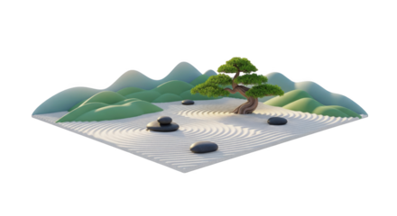 Stylized isometric zen garden with bonsai tree, rocks and sand patterns