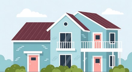Vector illustration of two story house with pink doors and roof for real estate ads