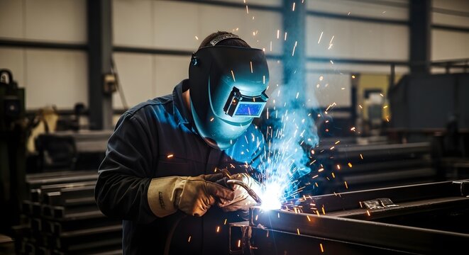 A worker wearing protective gear and welding in an industrial workshop with sparks flying as they join metal components together