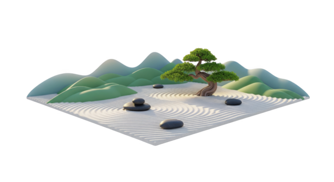 Stylized isometric zen garden with bonsai tree, rocks and sand patterns