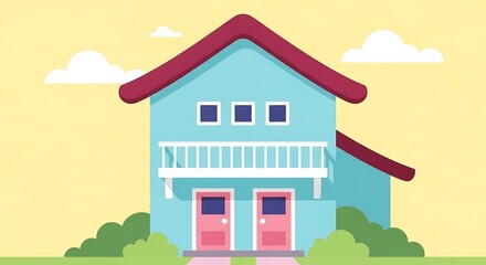 Cartoon house illustration with blue walls, pink doors, and red roof for real estate design
