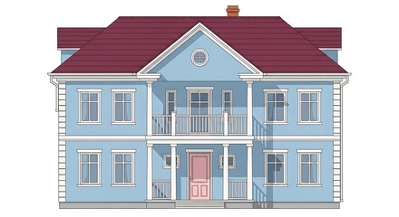 Illustration of a two story house with blue exterior and red roof for real estate needs