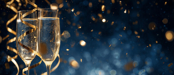 A pair of elegant champagne flutes filled with sparkling bubbles stand together against a deep blue, festive bokeh background. Golden ribbons curl gracefully around the glasses and across the surface,