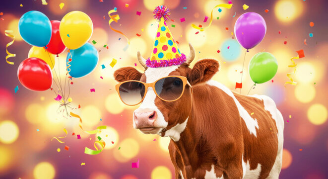 Cow wearing funny party hat and sunglasses at a birthday party with colorful balloons and confetti. Celebration animal for greeting card.
