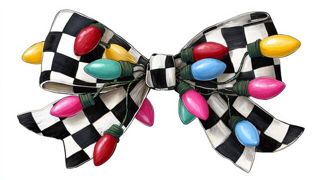 Checkered bow with lights on it. The lights are in different colors and are strung together