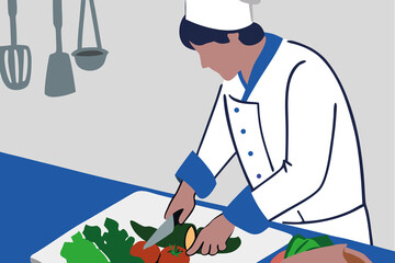 Professional Chef Cooking in the Kitchen. Culinary Vector Illustration