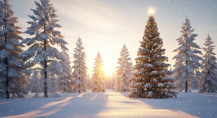 A Star Topped Christmas Tree Stands Tall In A Snowy Forest At Sunrise