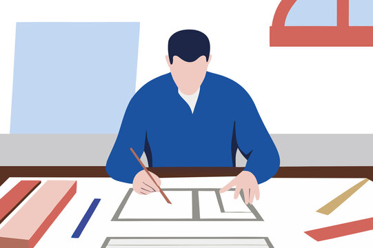 Architect Designing a Blueprint. Architecture and Planning Vector