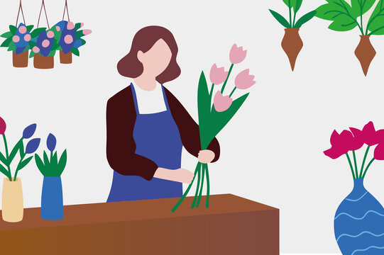 Florist Arranging a Flower Bouquet. Small Business Vector Concept