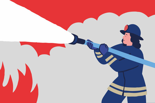 Firefighter in Action with Fire Hose. Emergency Services Vector