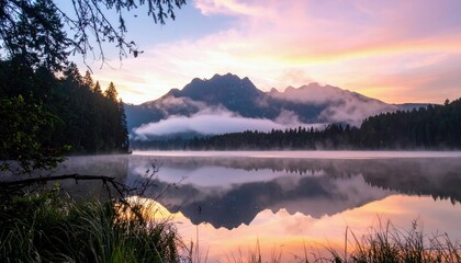 A serene lake reflects a misty mountain range and a pastel sunrise sky, with trees lining the shore.
