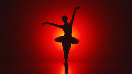 Naklejka premium Silhouette of a woman ballerina dancing on stage. Concept of classic ballet performance. Creative shadow art for dance studio advertisement.