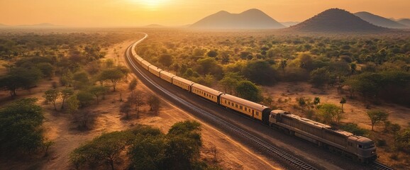 Aerial view of a passenger train on a winding track through a vast savanna landscape with mountains under a golden sunset or sunrise.