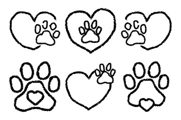 Hand Drawn Heart and Pet Paw Print Icon Set. Cute Dog and Cat Vector Design on White Background