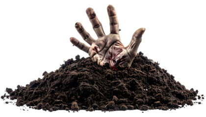 Zombie hand reaching out from earth, a creepy and scary unread monster rising from grave for Halloween concept isolated on solid white background in Png