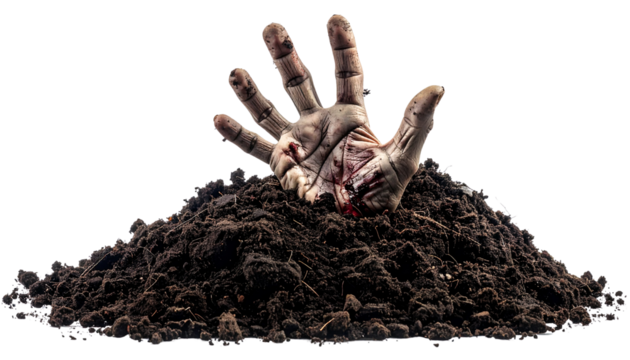 Zombie hand reaching out from earth, a creepy and scary unread monster rising from grave for Halloween concept isolated on solid white background in Png