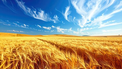 A vast field of golden wheat stretches towards the horizon under a vibrant blue sky filled with thin, wispy clouds.