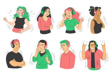 People in headphones listening to music set vector isolated. Collection of female and male characters enjoying songs. Happy and sad melody. Music lovers.