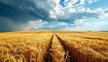 A vast, golden wheat field stretches towards the horizon under a dramatic sky, featuring dark storm clouds on one side and bright blue sky with fluffy white clo
