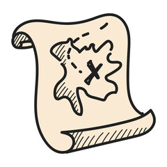 Treasure map doodle icon vector isolated. Hand-drawn illustration of a paper map for pirate. Searching ancient treasure.