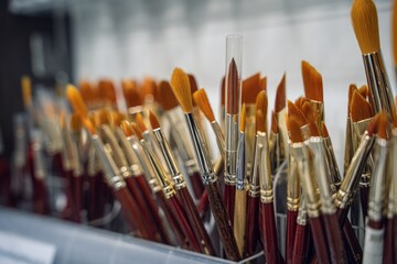 A close-up view of a diverse collection of paint brushes arranged in a container, showcasing their vibrant bristles and metallic ferrules.