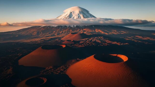 Epic panoramic view of a volcanic landscape at sunrise with multiple cinder cones. A majestic snow capped stratovolcano rises above the clouds in the distance. Travel and adventure concept