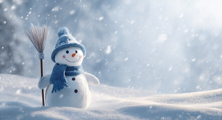 A cute, smiling snowman stands in a snowy winter landscape, dressed warmly in a blue knitted hat and matching scarf. Soft snowflakes fall gently around it, creating a peaceful, magical atmosphere. The