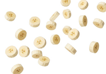 Falling Banana Slices on Transparent Backdrop. Nutritious and Yummy. Ideal for Tropical Themed Dessert, Smoothie and Snack Designs