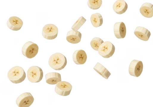 Falling Banana Slices on Transparent Backdrop. Nutritious and Yummy. Ideal for Tropical Themed Dessert, Smoothie and Snack Designs