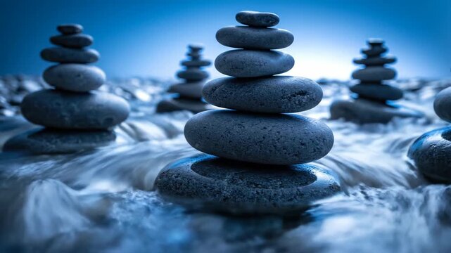 Stacked smooth stones in flowing blue water creating balance
