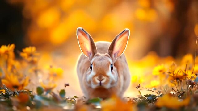 Leaping hare among golden wildflowers