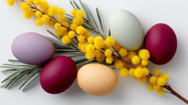 Bunch of eggs are arranged on a branch with yellow flowers. The eggs are of different colors, including purple, yellow, and green. The arrangement creates a cheerful and festive mood