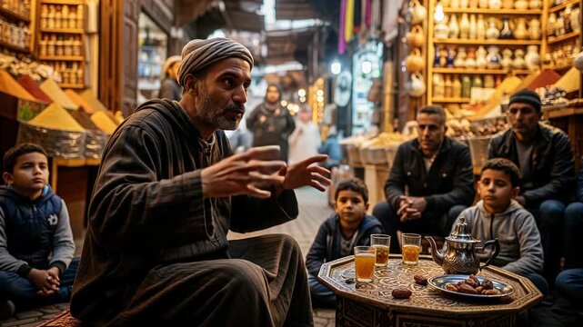 Captivating Moroccan storyteller enchants crowd in souk with ancient tale and expressive gestures