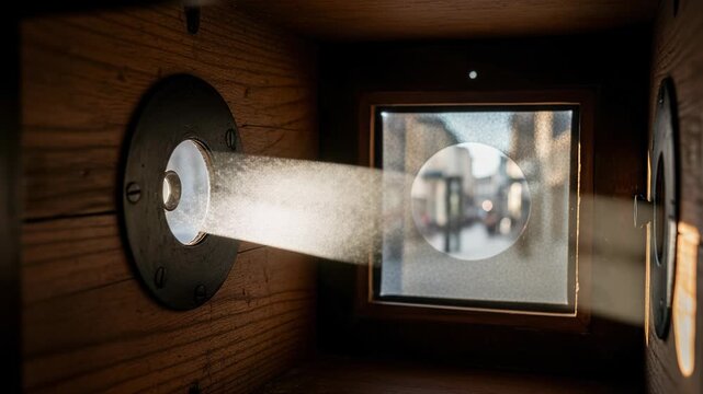 Early camera obscura displays moving images in dim light with a glimpse of the outside world