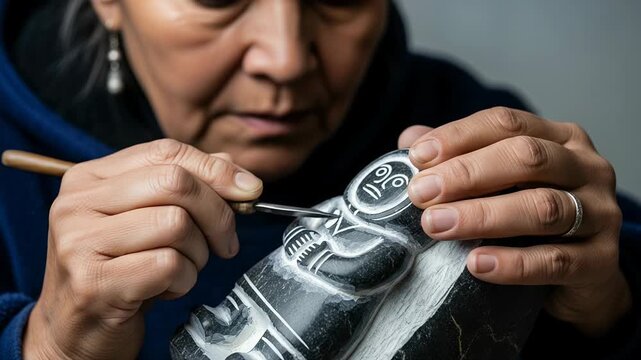 Inuit artist carves detailed figure from soapstone, revealing intricate craftsmanship and cultural heritage