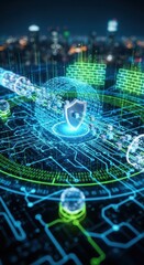 Futuristic digital security network with shield symbol and data transfer streams