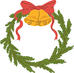 Hand draw Christmas wreath with bells and bow  vector illustration. Winter holiday clipart