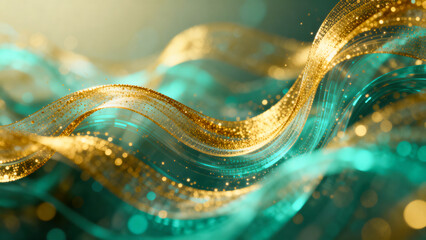 Golden and Teal Abstract Glitter Waves in Motion