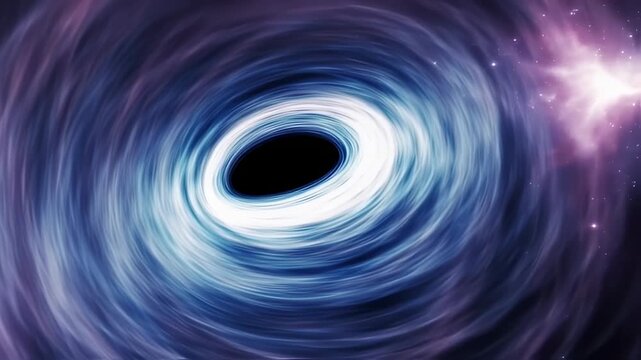 Swirling, luminous depiction of a black hole with a bright galaxy in the backdrop of space