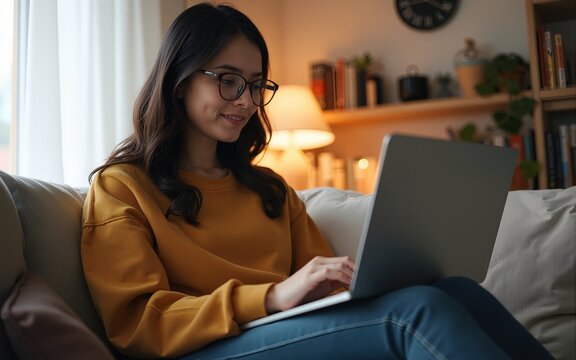 Concentrated millennial girl sit on couch working on laptop browsing internet at home during lazy weekend, focused young woman freelancer busy using computer surfing wireless web shopping online.