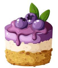 Mini Blueberry Cheesecake Topped with Fresh Berries & Syrup. Isolated Sweet Gourmet Dessert Vector Illustration