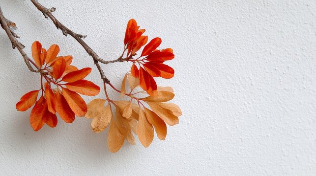 Branch with orange leaves is on a white background. The leaves are wilted and brown, giving the image a sense of decay and loss