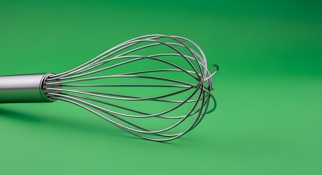 A close-up of a metal whisk with a rounded handle on a vibrant green background, used for mixing and whisking ingredients in cooking and baking - Powered by Adobe
