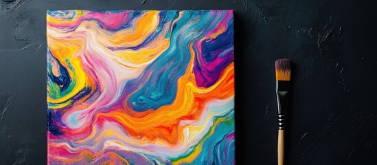 Vibrant Abstract Acrylic Pour Painting on Canvas with Paintbrush on Dark Textured Background