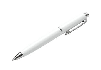 A sleek white ballpoint pen isolated on a stark black background simple design.