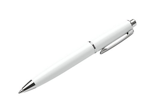 A sleek white ballpoint pen isolated on a stark black background simple design.