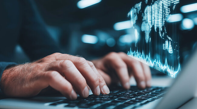 Professional trader analyzes financial charts while working on computer keyboard.