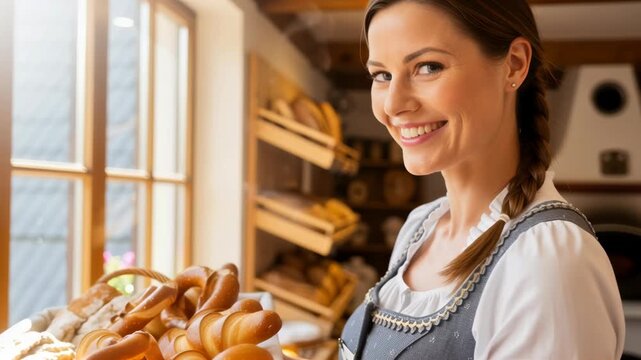 Smiling woman holds a basket of fresh baked goods, including pretzels and croissants, in a traditional bakery footage.