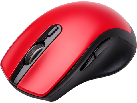 Red wireless computer mouse isolated on transparent background. Perfect for technology, office, and gadget design concepts.